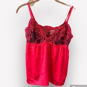 🍵🐠Tahari Sleepwear chemise red satin black lace bow adjustable straps medium